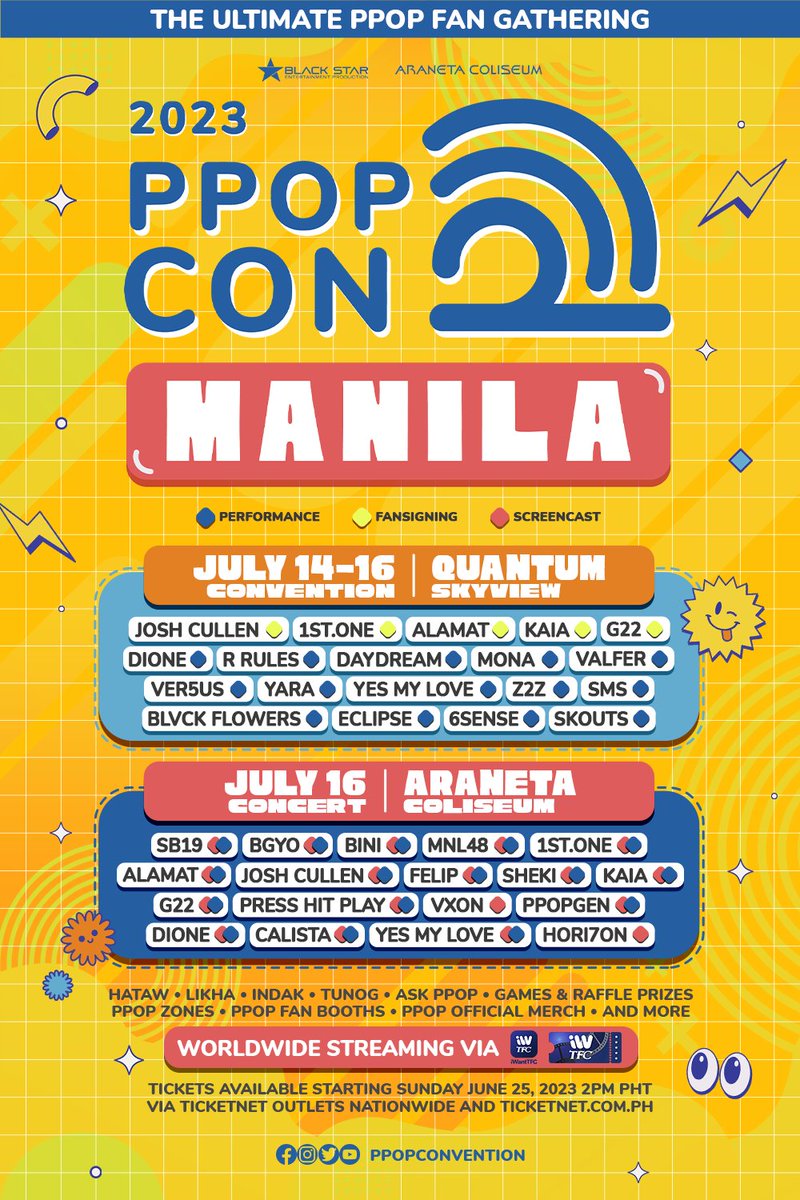PPOPCONVENTION's tweet photo. 💥🎉✨ ETO ANG PASABOG! 💥🎉✨

Here’s the full lineup ng ULTIMATE PPOP FAN GATHERING OF 2023! 

Check out our jam-packed artist list and ang kanilang mga ganap plus exciting fan activities and surprises! https://t.co/k3URFtIIiw