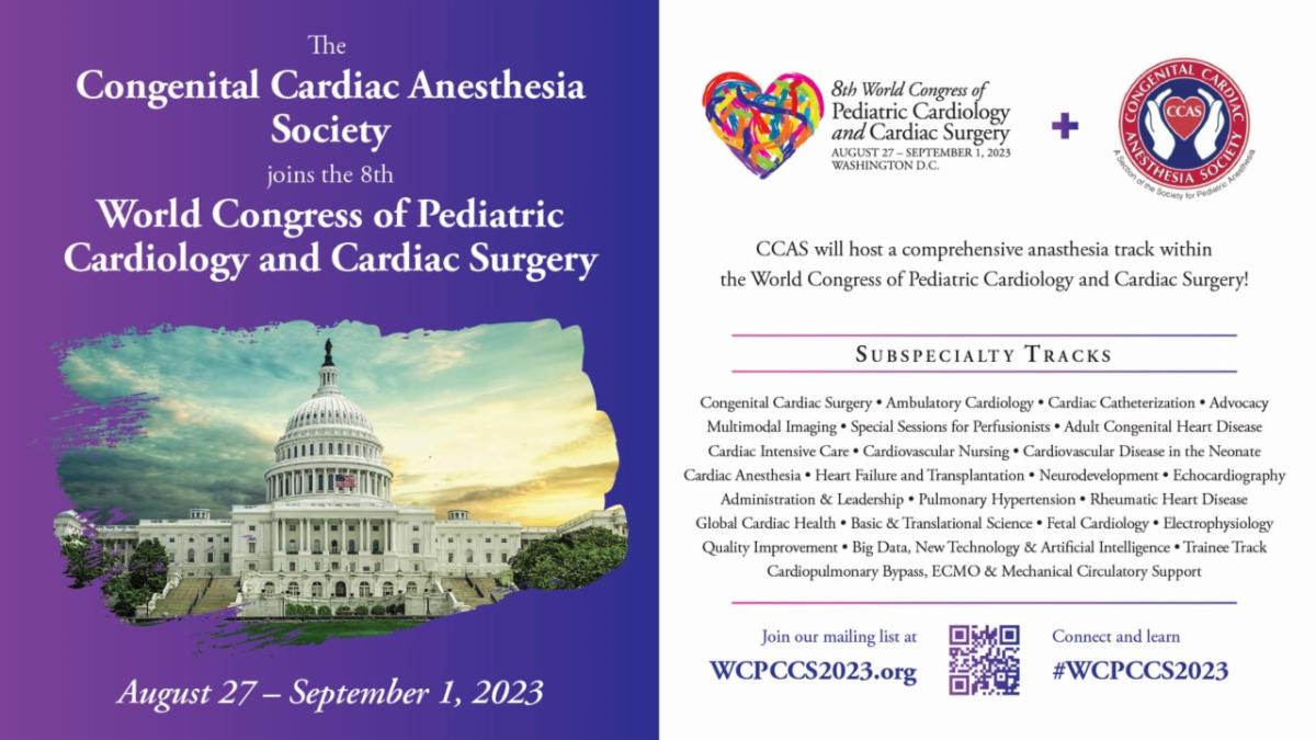 The CCAS Joins the 8th World Congress of Pediatric Cardiology and Cardiac Surgery, #WCPCCS2023. Register for the meeting: ow.ly/vCOb50OV1nM #PedsCards #anesthesiology #anesthesia