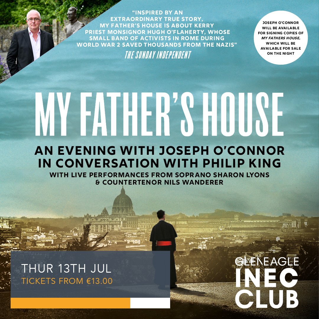 GleneagleArena's tweet photo. Joseph O’Connor in conversation with Philip King, 13th July in the INEC Club.
Inspired by an extraordinary true story, My Father’s House details the story of Kerry priest Monsignor Hugh O’Flaherty.
Tkts  https://t.co/tDAChNOVnc https://t.co/QJdLoVrVtr