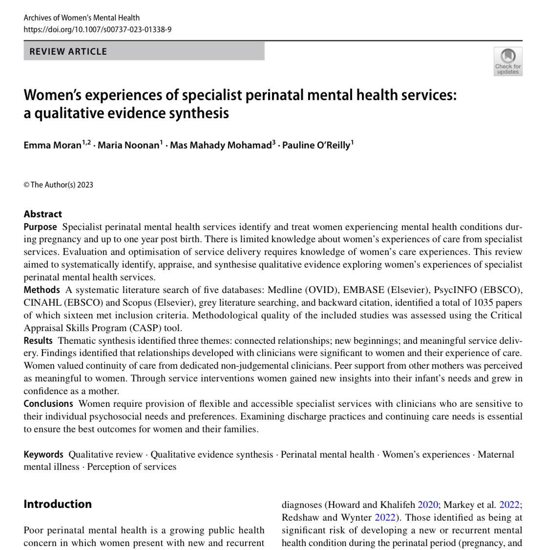 Delighted to share the first publication of my PhD research exploring women's experiences of Specialist Perinatal Mental Health Services. Many thanks to my fantastic supervisors! <a href="/PaulineOReilly7/">Professor Pauline O'Reilly</a> <a href="/maria_noonan1/">Maria Noonan</a> <a href="/MahadyMas/">Mas Mahady</a> <a href="/NursingMid_UL/">School of Nursing and Midwifery, UL</a> <a href="/NursingTUS/">TUS Nursing & Healthcare</a> 
link.springer.com/article/10.100…