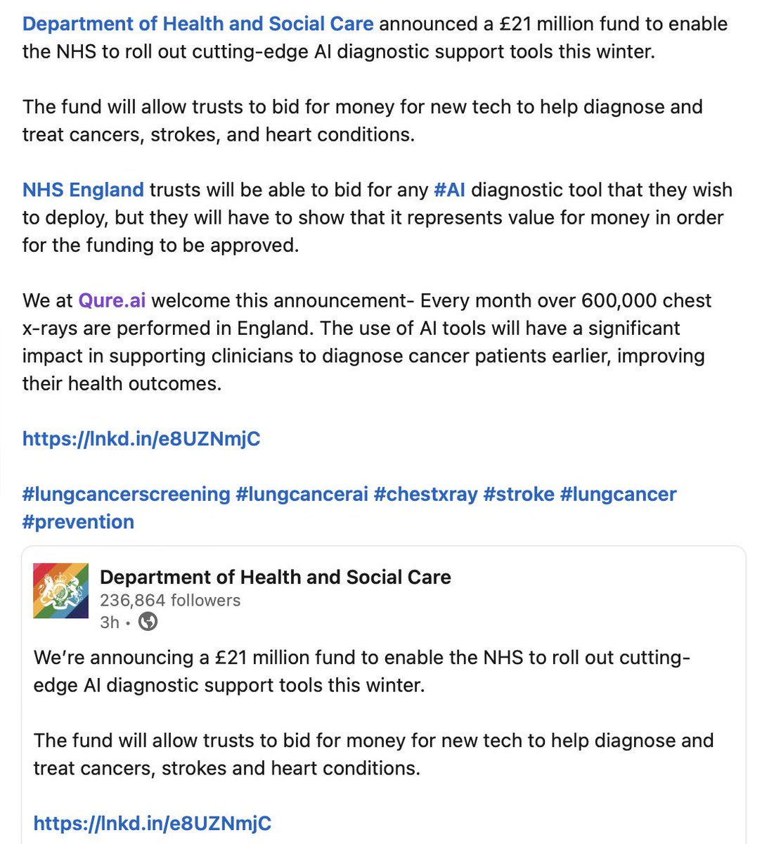 @NHSEnglandLDN trusts will now be able to bid for any diagnostic tool that they wish to deploy. The £21 million fund allocated by @DHSCgovuk will help new tech dev to help diagnose #stroke, and heart conditions. #lungcancer #cxr @qure_ai tinyurl.com/mvybdaux