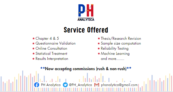 PH Analytica offers comprehensive statistics &amp; data analytics services:
Study Design, Questionnaire Validation, Data Cleaning 
Statistical Treatment, Data Visualization, Machine Learning 
Contact us: 
Facebook: PH Analytica 
Twitter: <a href="/PH_Analytica/">PH Analytica</a> 
Gmail: phanalytica@gmail.com