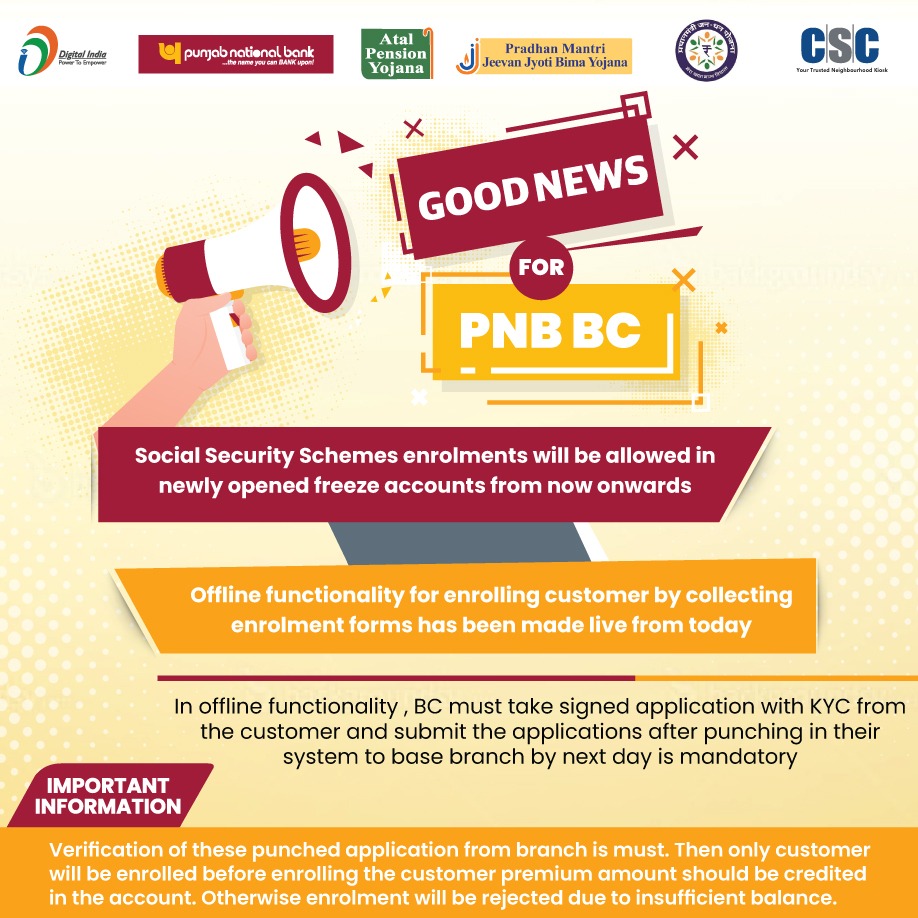 Good news for PNB BC
#FinancialInclusion #APY #PMJJBY #PMSBY