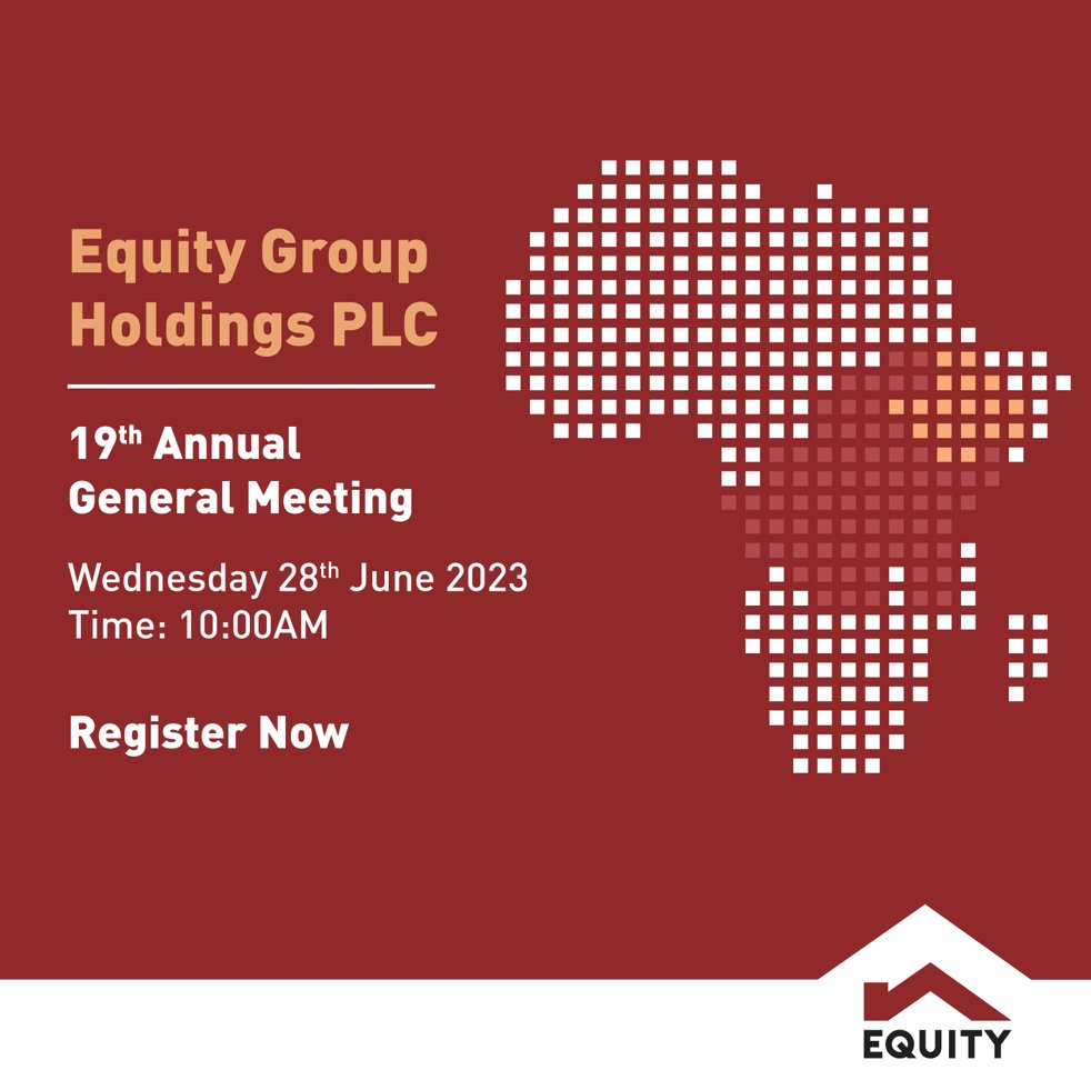 KeEquityBank's tweet photo. Dear Shareholders, 
Equity Group’s 19th Annual General Meeting which will be held virtually is coming up on Wednesday, 28th June 2023. Have you registered ? 

#Equity2023AGM https://t.co/r13Vlk9ATt