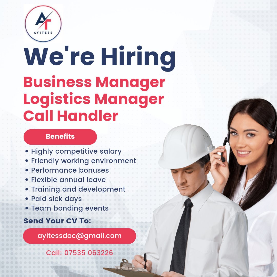 We are looking for business manager , logistics manager, call handler in Barnsley, South Yorkshire.
Send your CV to:
ayitessdoc@gmail.com 
#adminstaff #callhandler #businessmanager #logisticsmanager #jobsearch #jobshiring #administrationstaff #administrativeassistant #hiring #uk