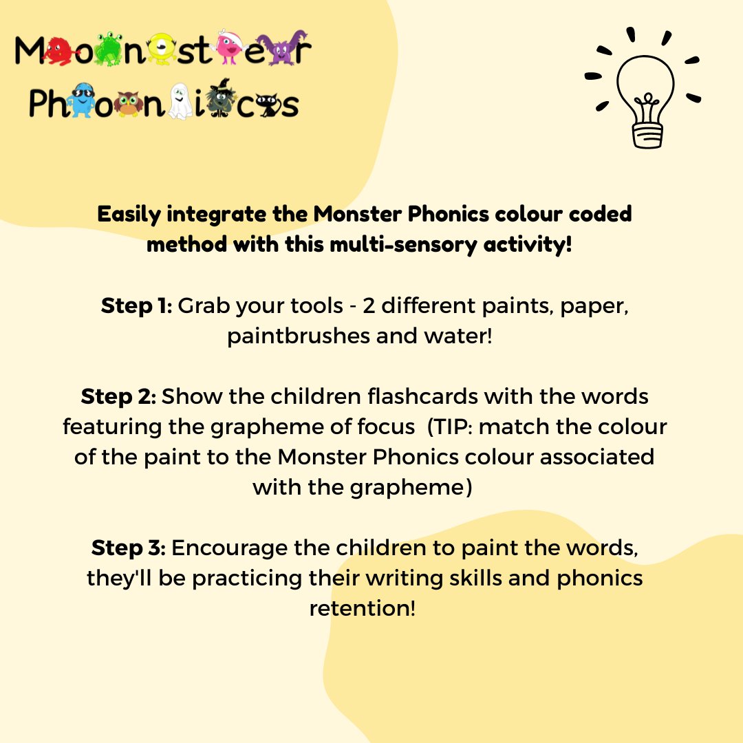MonsterPhonics's tweet photo. Easily integrate the Monster Phonics colour coded method with this multi-sensory activity! π
Don't forget to tag your teachers and give this multi sensory activity a try! π¨π
#teachertwitter #colourcodedlearning #phonicsideas https://t.co/p1t0innC3j