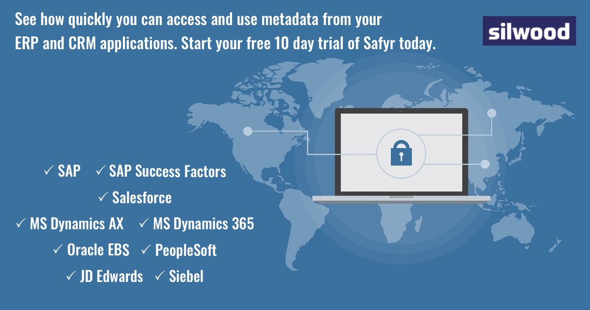 See how quickly you can access and use metadata from your #ERP #CRM applications. Start your free 10 day trial of Safyr® today ow.ly/pZwv50NllNS #SAP #SAPBW #Salesforce #MSDynamics #OracleEBS #PeopleSoft #JDEdwards #Siebel