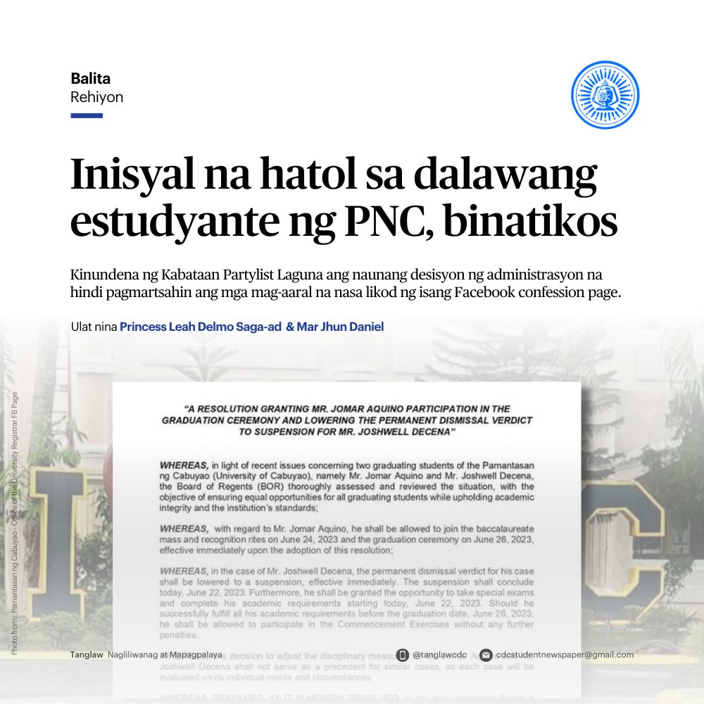 tanglawdevcom's tweet photo. BALITA: Kinundena ng Kabataan Partylist Laguna (KPL) ang inisyal na desisyon ng administrasyon ng Pamantasan ng Cabuyao (PnC) na pagbawalang magmartsa sa graduation ceremony sa Lunes, Hunyo 26 ang dalawang estudyante. 

➡️Basahin: https://t.co/WUoEll1x8C

#TanglawCDC https://t.co/MWxU2owjQr