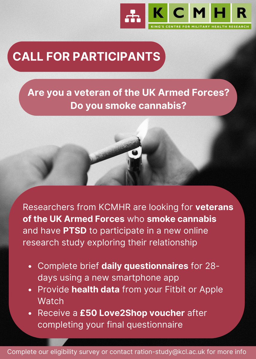 📢We are seeking #Veterans of the UK Armed Forces who smoke #cannabis and have #PTSD for a new research study exploring their relationship 

Interested? Complete our eligibility survey to find out more ➡️ tinyurl.com/2axrdm2j 

Or click for more info tinyurl.com/3zexcm86