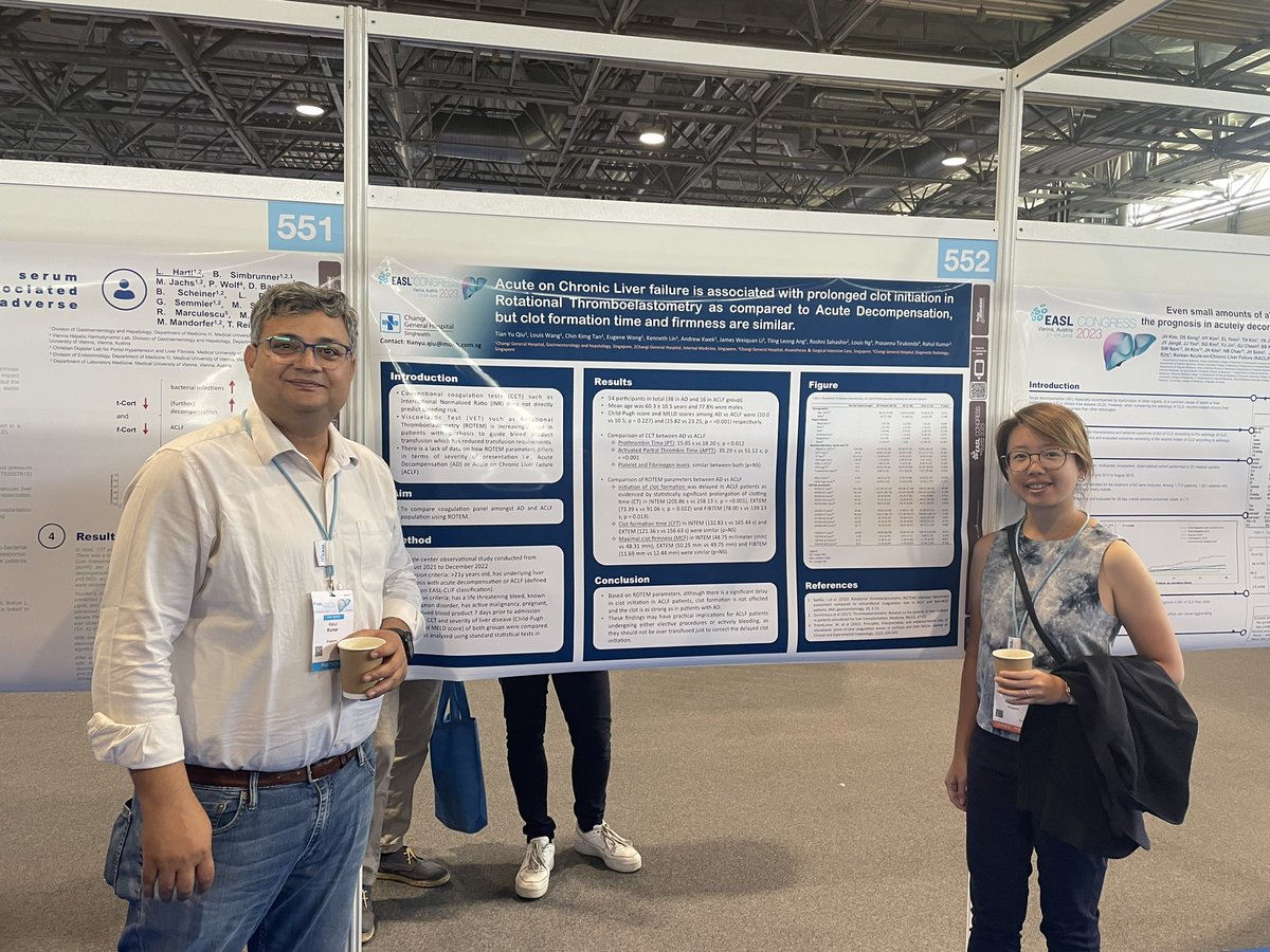 #EASL2023 with Louis Wang and Tian Yu. Our Rotem project with 3 abstracts shows;
1. Rotem based transfusion strategy reduces transfusion requirements 
2. In ACLF clot initiation is delayed but rest remains same 
3. CKD plays an important role in ROTEM parameters