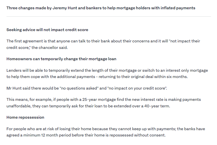 NEW: Mortgage borrowers will be able to switch to interest-only mortgages or temporarily extend the length of their mortgage with 'no questions asked' and 'no impact on their credit score'.

EG. someone on a 25-year mortgage will temporarily be able to switch to 40-years