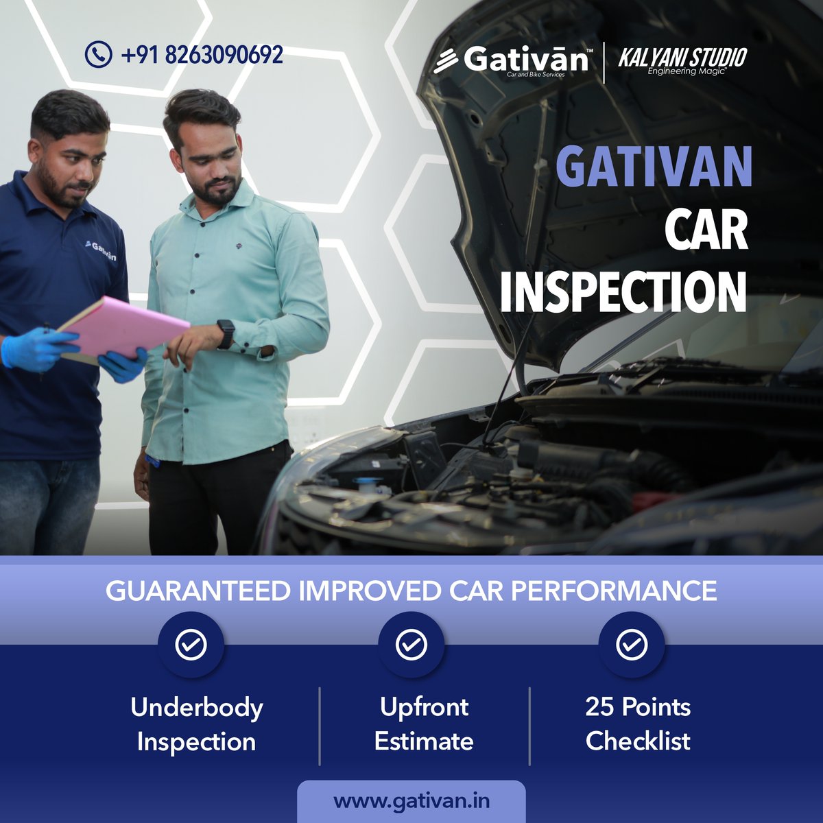 If there is even a small screw or bolt missing from your car, our experts will know it!
Book an appointment for a Car Inspection today and avail a thorough inspection with our 25 point checklist!
Visit gativan.in or contact 8263090692 today!
#CarInspection #gativan