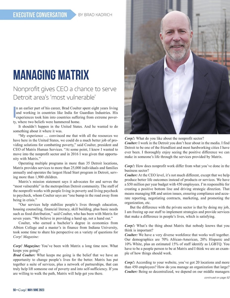 matrix_detroit's tweet photo. Thanks to @CorpMagazine for spotlighting our CEO, Brad Coulter on Managing Matrix Human Services and his vision to serve Detroit.
#DetroitNonprofits #TouchingHearts #ChangingLives
#Detroit #Matrix https://t.co/hauus8jpQ5