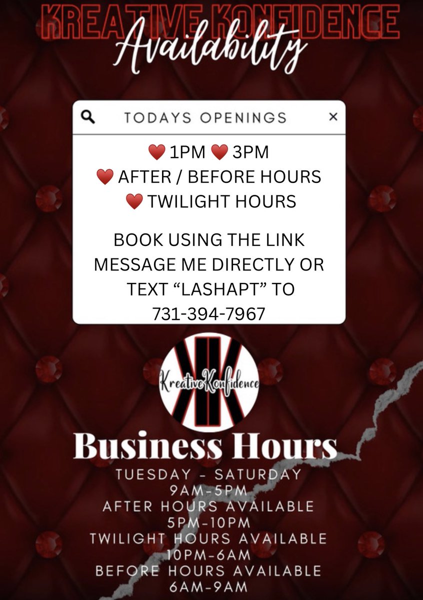 LocalLashPlug's tweet photo. good morning lash babes, my availability for lash appointments is listed below! please book accordingly. Also ladies, note that there is a small fee for all services outside of business hours! ♥️

click the link below to schedule your appointment
https://t.co/ZsuyzjHHa7 https://t.co/Y034RKLpPF