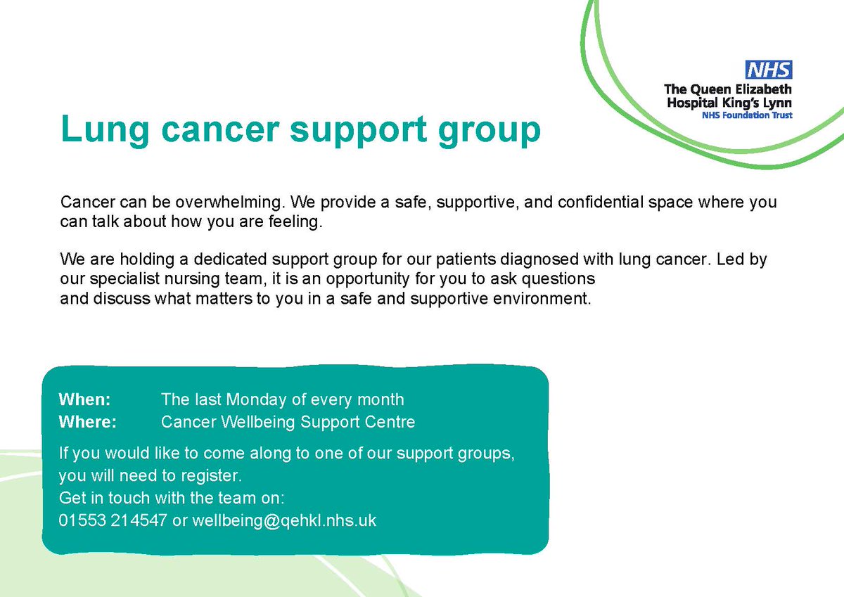 TeamQEH's tweet photo. Cancer can be overwhelming. We're providing a safe space where you can talk to our support team. Join our Lung Cancer Support Group on the last Monday of every month in the Cancer Wellbeing Support Centre.

Please register by calling 01553 214547 or emailing wellbeing@qehkl.nhs. https://t.co/HigorAo9HT