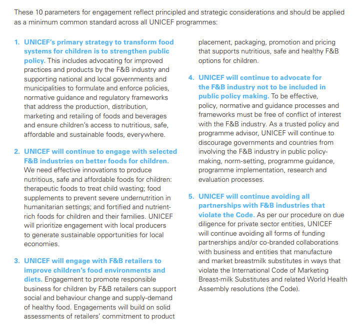 PhilBakerNZ's tweet photo. Bravo @UNICEF for taking a strong stance against engaging with the ultra-processed food industry, including exclusion of industry from public policy making, grounded in a rights based approach👏 Superb leadership! Check out parameters of engagement below 👇 https://t.co/9iX6ZOtSCe