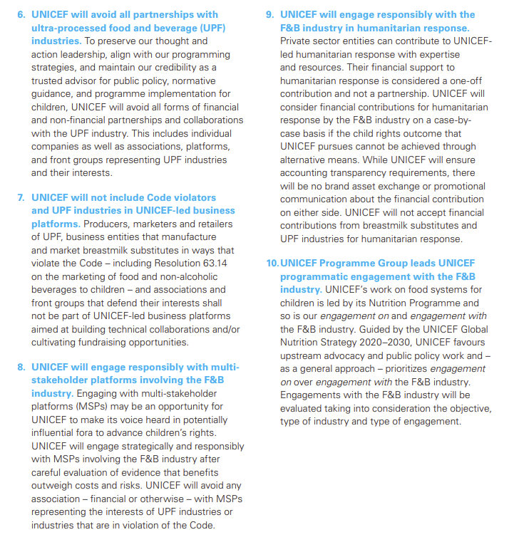 PhilBakerNZ's tweet photo. Bravo @UNICEF for taking a strong stance against engaging with the ultra-processed food industry, including exclusion of industry from public policy making, grounded in a rights based approach👏 Superb leadership! Check out parameters of engagement below 👇 https://t.co/9iX6ZOtSCe