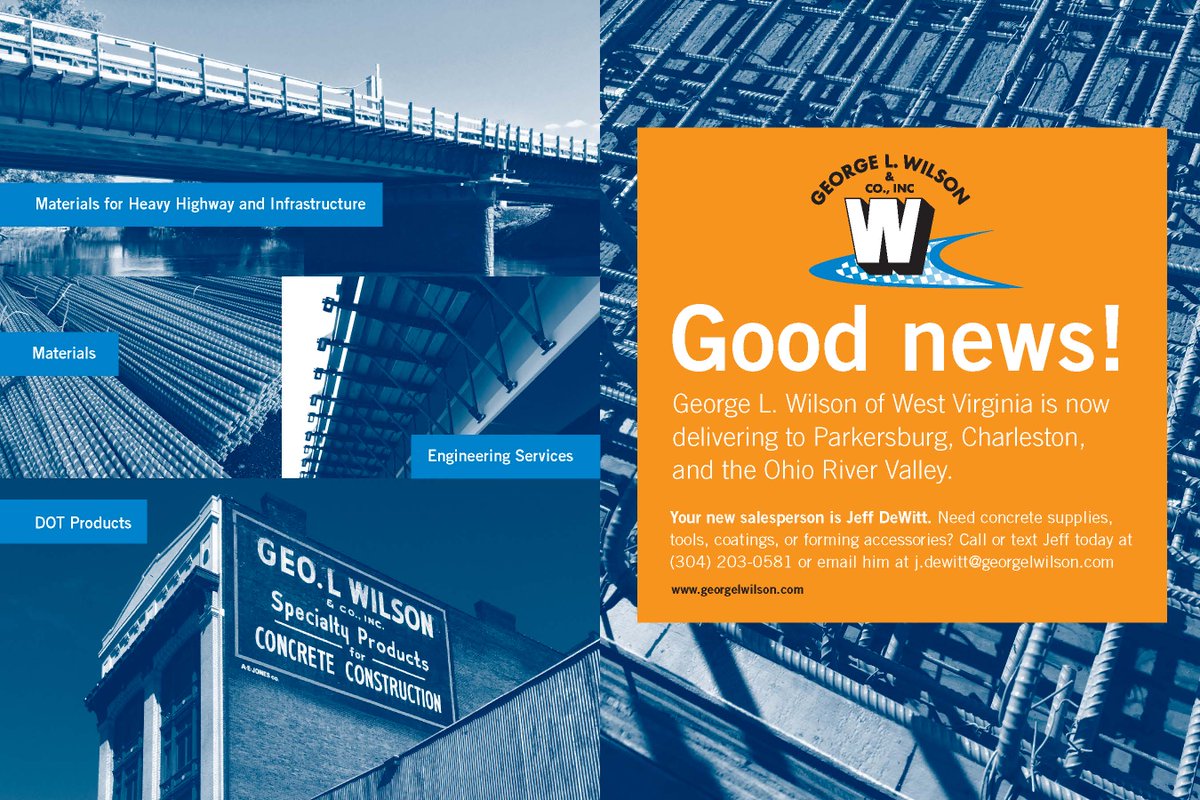 GLWConcrete's tweet image. WE ARE EXPANDING OUR SALES TERRITORY!

Parkersburg, Charleston, and the Ohio River Valley now has a Salesperson! Contact Jeff DeWitt at 304-203-0581 or email him requests at j.dewitt@georgelwilson.com

New territory, same great products and service!

#wvjobs #concrete #newsales