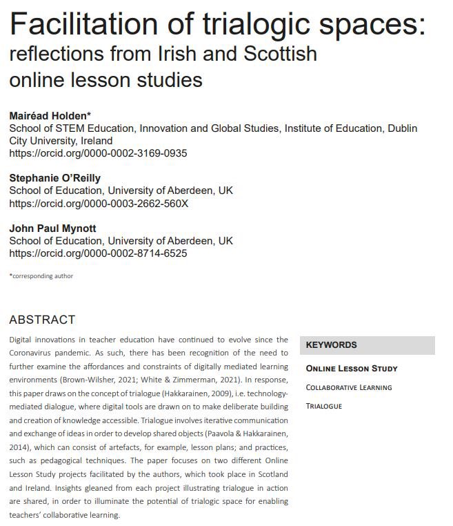 StephOReilly3's tweet image. How can #lessonstudy facilitators support collab. learning? In our new paper,@jpmynott @mairead_mh &amp;amp; I share how #trialogue (tech-mediated dialogue) 💻supported collaboration during online LS in Ireland &amp;amp; Scotland. @educationabdn @aberdeenuni uel.ac.uk/sites/default/…