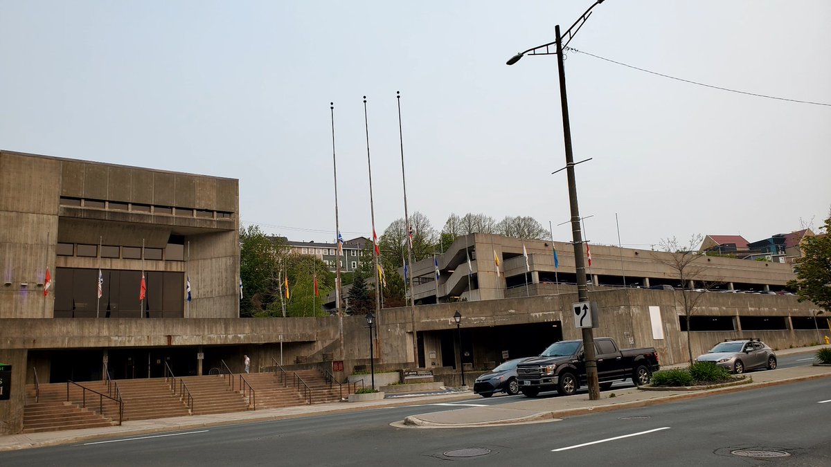 Flags flown at half staff at city hall in St. John's Newfoundland following confirmation of the Titan implosion