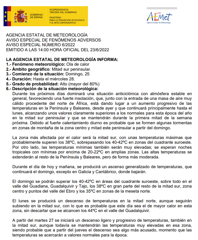 AEMET_Esp's tweet photo. ⚠️Aviso especial por #OlaDeCalor. Temperaturas muy elevadas desde el domingo 25 hasta el miércoles 28 de junio. 
La zona más afectada será la mitad sur: se superarán los 40-42 ºC y no se bajará de 20-22 ºC.
Actualizaremos el aviso el sábado. 
Infórmate en https://t.co/ljJpl4SrlI https://t.co/TN11eFBLAT
