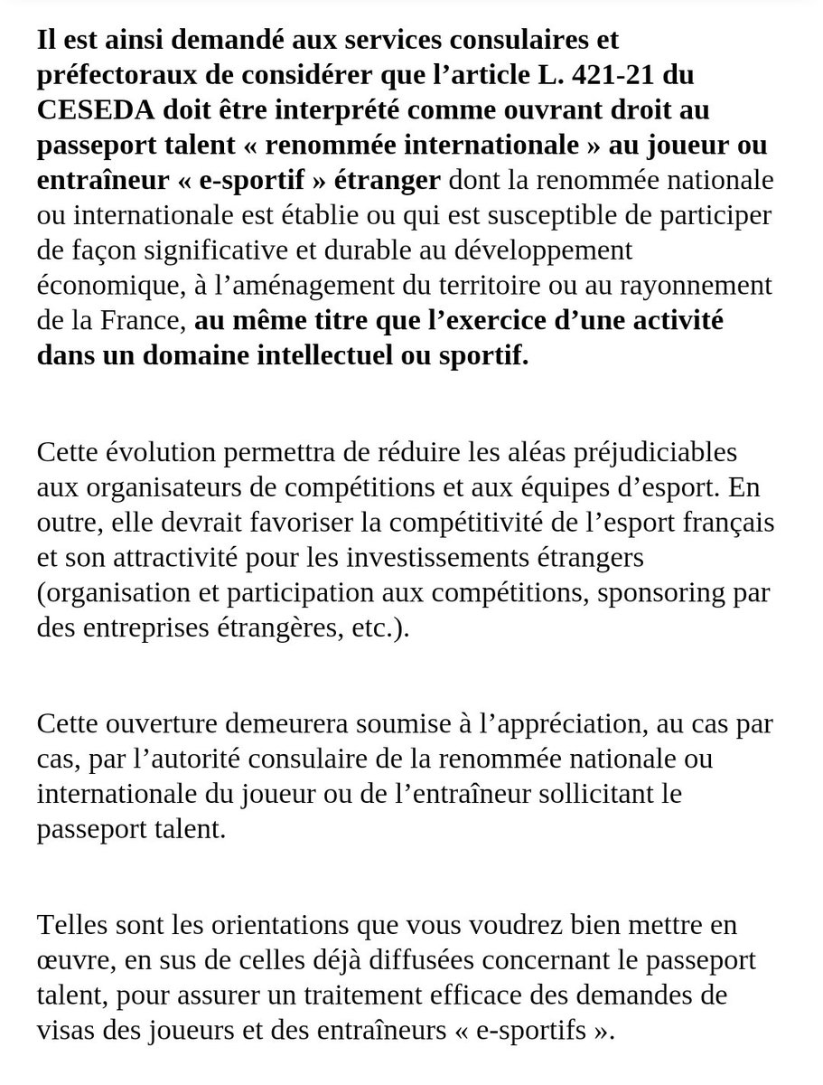 Elle est enfin publiée officiellement dans le Bulletin du Ministère : l'instruction relative aux demandes de Passeports Talents pour les joueur.se.s et entraîneur.se.s esportif.ve.s !!
Excellente nouvelle !!
economie.gouv.fr/bulletin-offic…