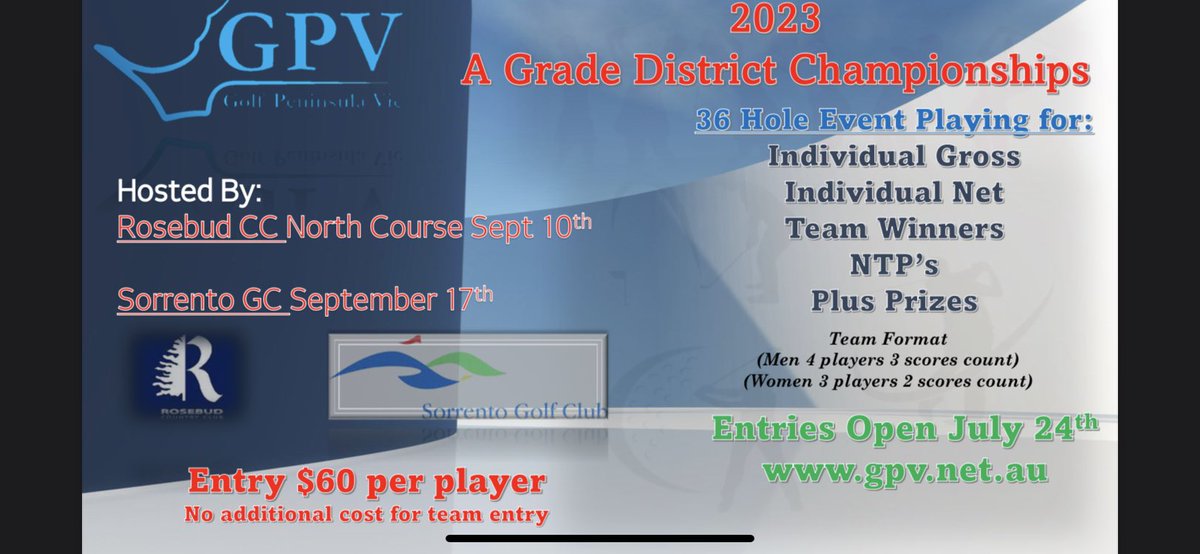 Sept 10th  &amp; Sept 17th
A Grade district Championships. 
Hosts  Rosebud Cc &amp; Sorrento GC. Entry Opens July 24th. #golfpeninsulavic
#morningtonpeninsula
#morningtonpeninsulagolf
#golfing #golfevent