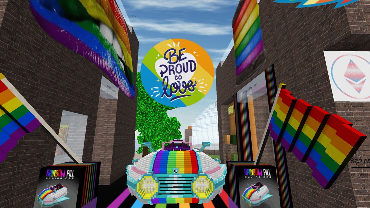 Throwback to June 2020 #NiftyPride celebration in CryptoVoxels.   Parked in the street is <a href="/money_alotta/">ᗩᒪᎧTTᗩ ᗰᎧᑎEY❂</a>'s "Rainbow Pill"  This vehicle was a special 1 /1 built for the event and auctioned to support #NiftyPride.  

#AlottaPride 🏳️‍🌈🕊️ #AlottaMoney #AlottaLove #ForeverAlotta