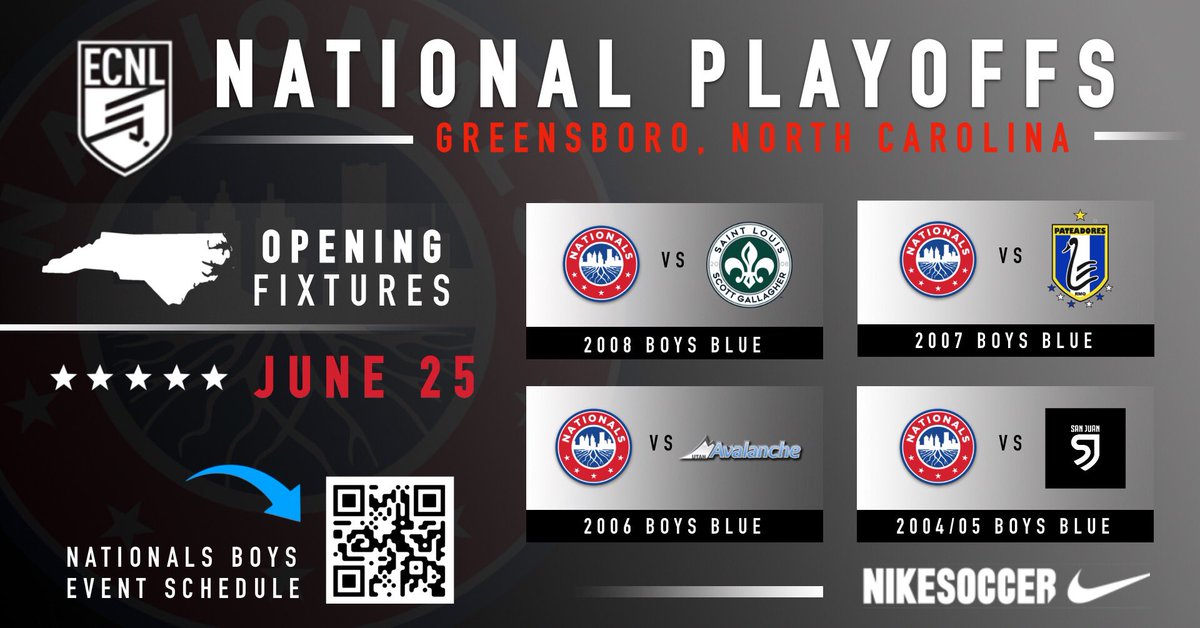 NationalsBA's tweet photo. The Nationals Boys Academy are ready for NC!!! 🔵🔴

ECNL National Playoffs are set to begin in Greensboro this Sun, June 25.

Opening Fixtures:
2008 Boys v SLSG (MO) - 320pm
2007 Boys v Pateadores - 950am
2006 Boys v Avalanche- (Utah) 320pm
2005/04 Boys v San Juan SC - 1140am https://t.co/dZgoUU6scz