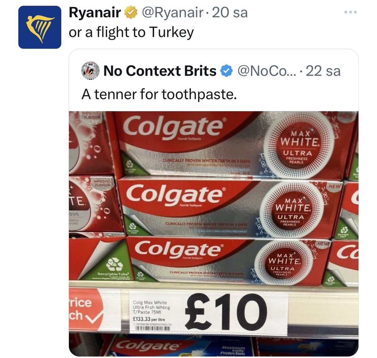 Hava yolu şirketi Ryanair;
“İngiltere'de diş macununa vereceğiniz parayla Türkiye uçak bileti alabilirsiniz.'' diye tweet atmış…
Yorumsuz…
#dolar #euro