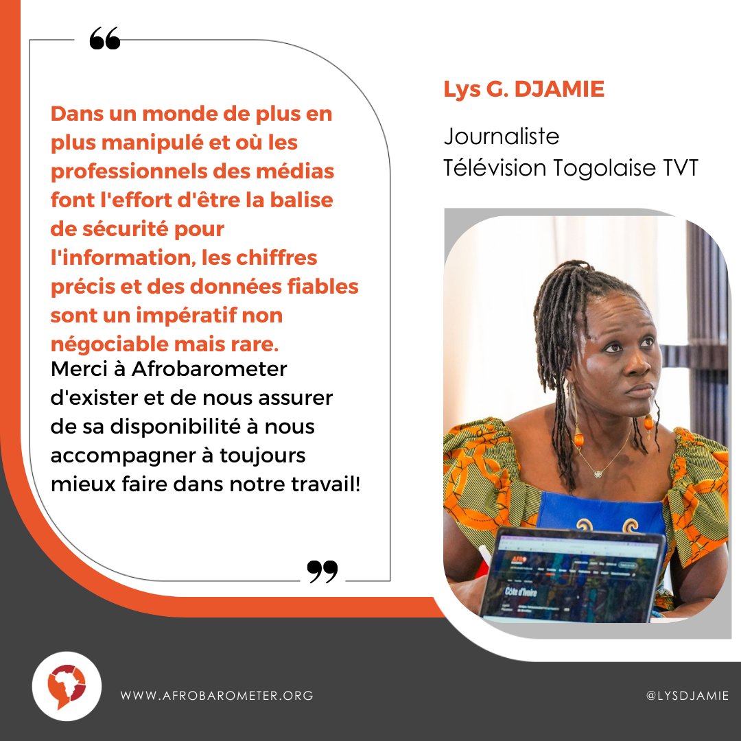 afrobarometer's tweet photo. #FormationAfrobarometer pour les médias : témoignage de Lys G. DJAMIE, journaliste à la Télévision Togolaise @TVTOfficiel.

#VoicesAfrica #medias #Togo https://t.co/ZsJYrZa97h