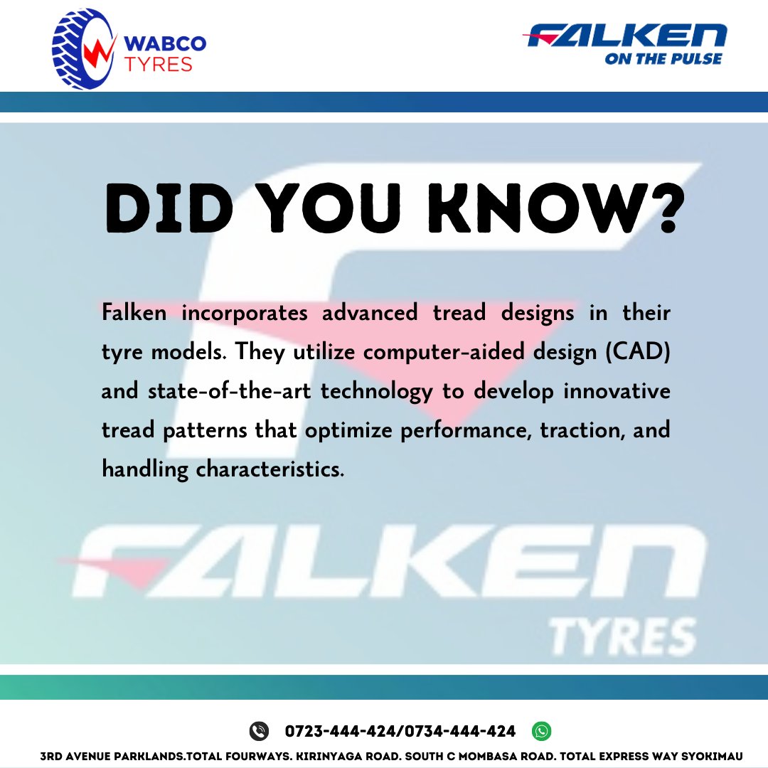 Falken On The Pulse.

#Falkentyres #Falkenkenya #Roadinnovation #Drivingexperience #Performancetyres #Roadsafety #Tyretech #Tyredesign #Traction #Roadhandling