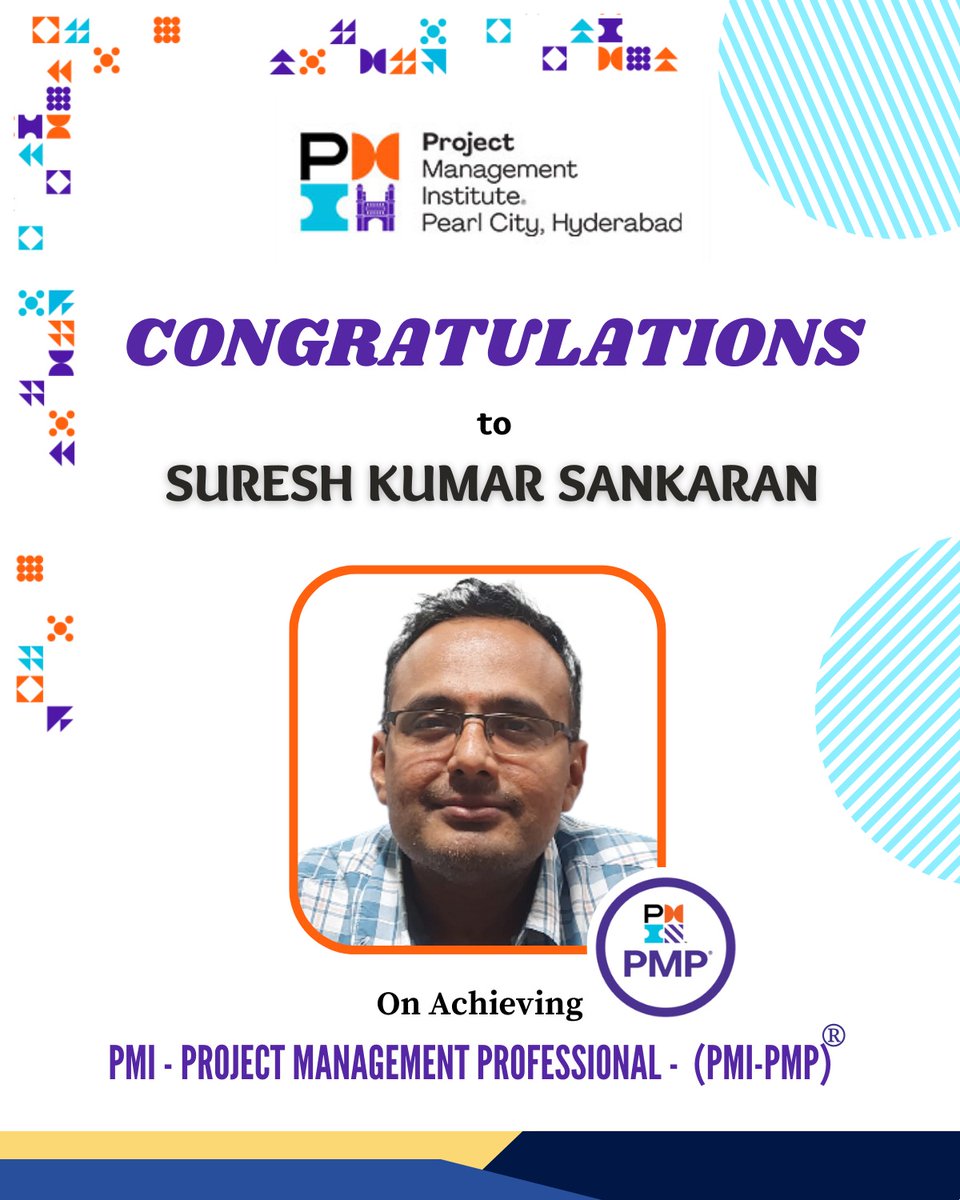 PMIPCC's tweet photo. PMI Pearl City, Hyderabad Chapter (#PMIPCC) congratulates Suresh Kumar Sankaran on getting PMI-PMP certified. Wishing you all the very best in your future endeavours.
Welcome to the PMI community https://t.co/B4JpkBxoAt