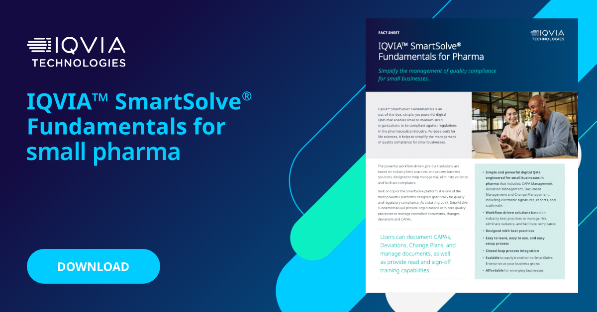 Purpose-built for life sciences, IQVIA™ SmartSolve® Fundamentals for pharma helps to simplify the management of quality compliance for small businesses. Download the fact sheet to learn more.
bit.ly/3r2ISQe
#QualityCompliance