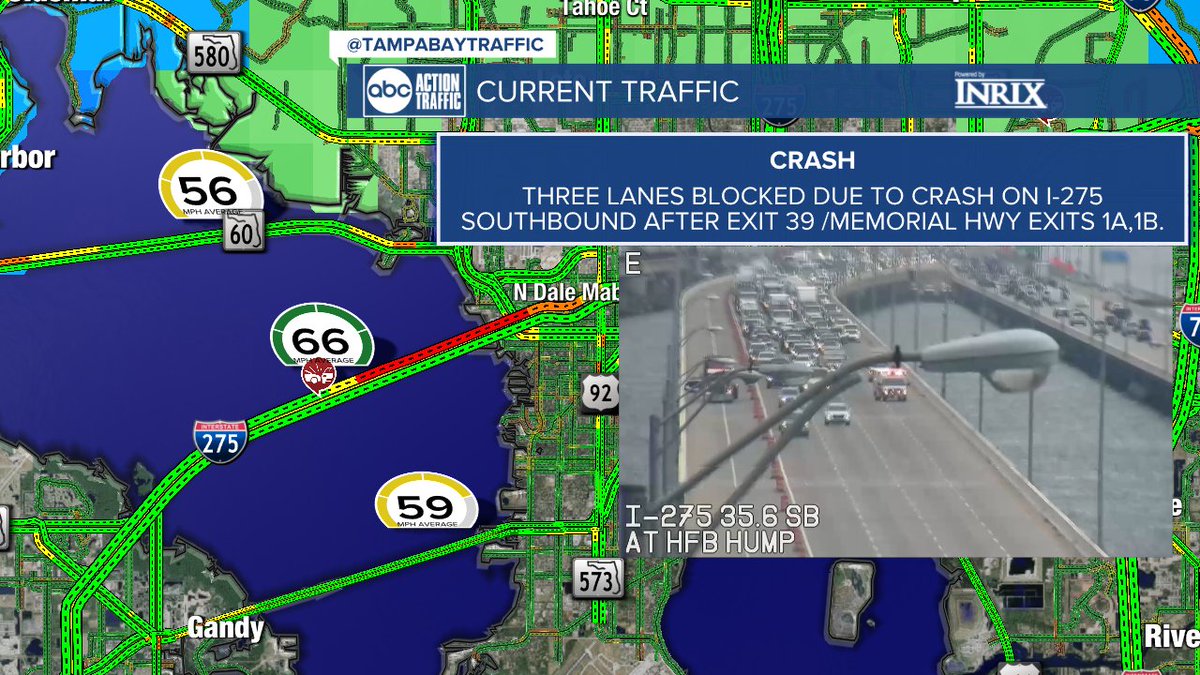 [Howard Frankland Bridge] Three lanes blocked due to crash on I-275 Sb after Exit 39 /Memorial Hwy Exits 1A,1B.