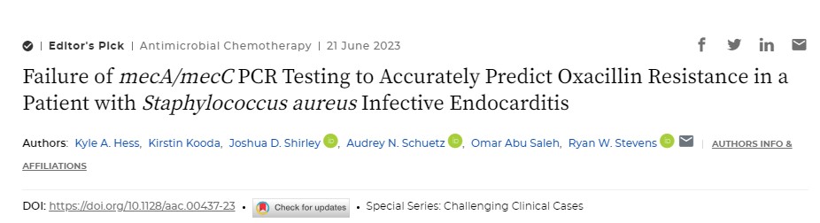 Mayo Clinic Infectious Diseases (@mayoclinicinfd) on Twitter photo Publication Alert
Description of a case of S. aureus bloodstream infection and infective endocarditis with discordance between mecA/mecC genotypic results and phenotypic susceptibility testing. <a href="/omarabusaleh15/">omar abu saleh</a> <a href="/Stevens_AK/">Ryan Stevens</a>
mayocl.in/3Jurc6q Publication Alert
Description of a case of S. aureus bloodstream infection and infective endocarditis with discordance between mecA/mecC genotypic results and phenotypic susceptibility testing. <a href="/omarabusaleh15/">omar abu saleh</a> <a href="/Stevens_AK/">Ryan Stevens</a>
mayocl.in/3Jurc6q