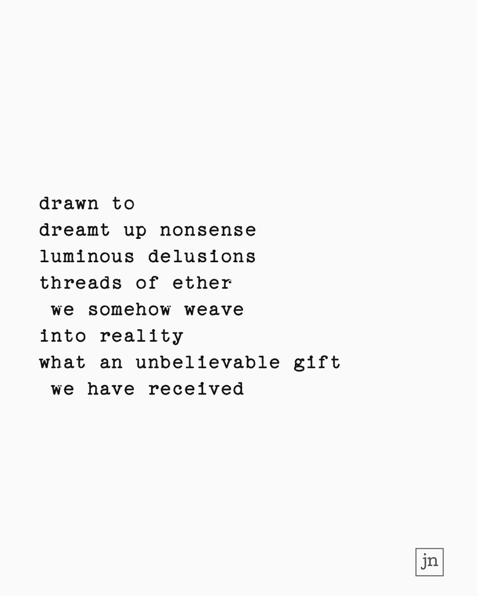 JonathansNotes's tweet photo. 6-23: gift (Gratitude 3 of 9) 

drawn to
dreamt up nonsense
luminous delusions
threads of ether
 we somehow weave
into reality
what an unbelievable gift
 we have received
---
#micropoetry #poetry #poem #gratitude https://t.co/f9gB4OB4f4
