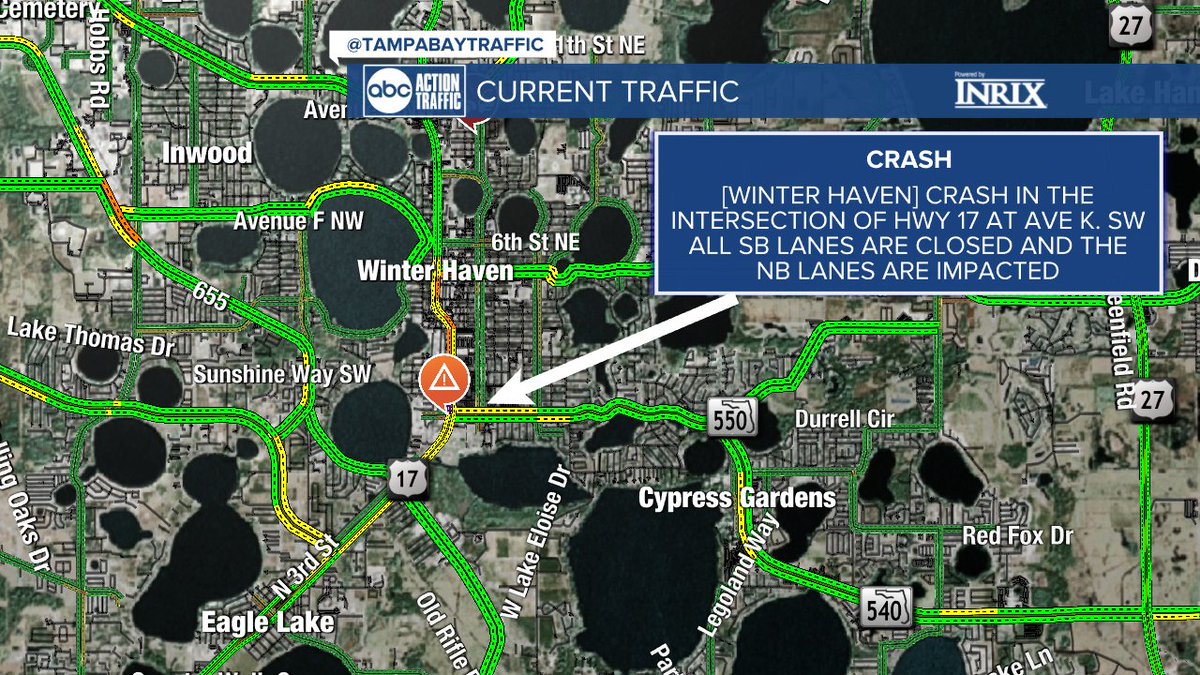 Heads Up, Winter Haven commuters: A Crash in the intersection of Hwy 17 at Ave. K. SW has the SB lanes closed and NB lanes impacted. #GMTB #TampaBayTraffic