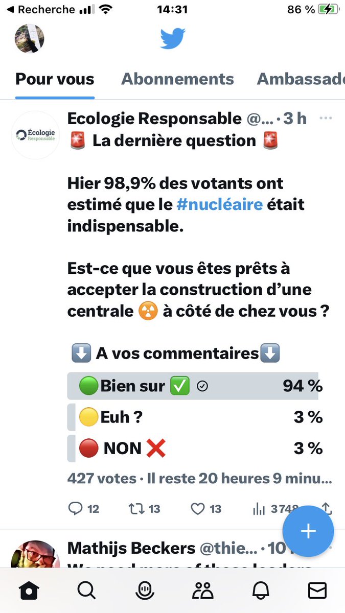 Final question 🚨YIMBY

Yesterday 98.9% of voters thought #nuclear power was essential.

Are you prepared to accept the construction of a power station ☢️ next door to