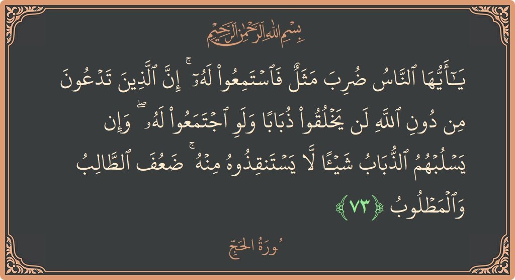 ¬°•|[ هل تعلم بُوركت؛ أن الله سبحانه وتعالى قد قال : يا أيها الناس ضرب مثل فاستمعوا له إن الذين تدعون من دون الله لن يخلقوا ذبابا ولو اجتمعوا له وإن يسلبهم الذباب شيئا لا يستنقذوه منه ضعف الطالب والمطلوب ؟! ]|•°¬