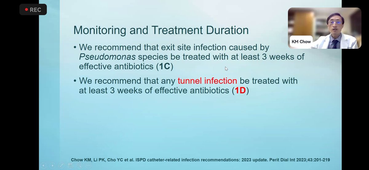 6/ Choice of antibotics and duration of antibiotics.

Duration of antibiotics can be shortened to 7 to 10 days if patient shows clinical improvment (except for pseudomonas and NTB mycobacterium)

Risk of prolonged antibotics = risk of PD peritonitis

#ThisIsIsn #ISNwebinar