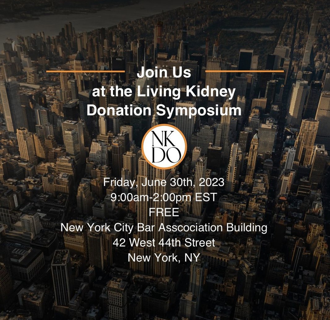 It's one week from today! Our free Living Kidney Donation Symposium is on Friday, June 30th from 9:00am to 2:00pm at the New York Bar Association building on 42 West 44th Street in New York City. 
Register here:
eventbrite.com/e/nkdo-living-…