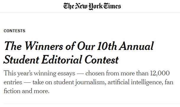 OaktonHS's tweet image. Congratulations to Zaynab H. for being recognized as a runner-up in the New York Times 10th Annual Student Editorial Contest! Her article “Sportswashing in Soccer: The Beautiful Game Needs Saving”, was in the top 23 out of over 12,000 entries from around the world! #WEAREOAKTON