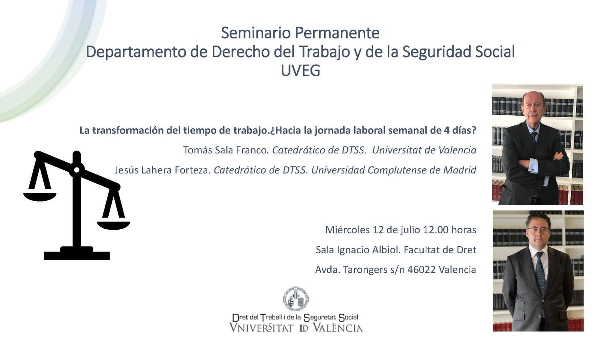 📢 Último Seminario Permanente del curso 2022/23. 

Estaremos debatiendo con Tomás Sala Franco y  <a href="/jesuslahera/">Jesús Lahera</a> sobre un tema tan trascendente como actual: la reducción de la jornada laboral.

Os esperamos.

¡Buen fin de semana!