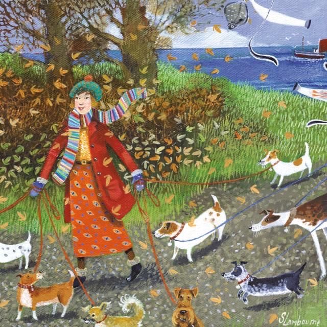 Good Afternoon 
Stephanie Lambourne 
Love her quirky paintings but i do think this dog walking lady will be lucky if she gets these all back home together.   The one at the back is reluctant.  Makes me smile