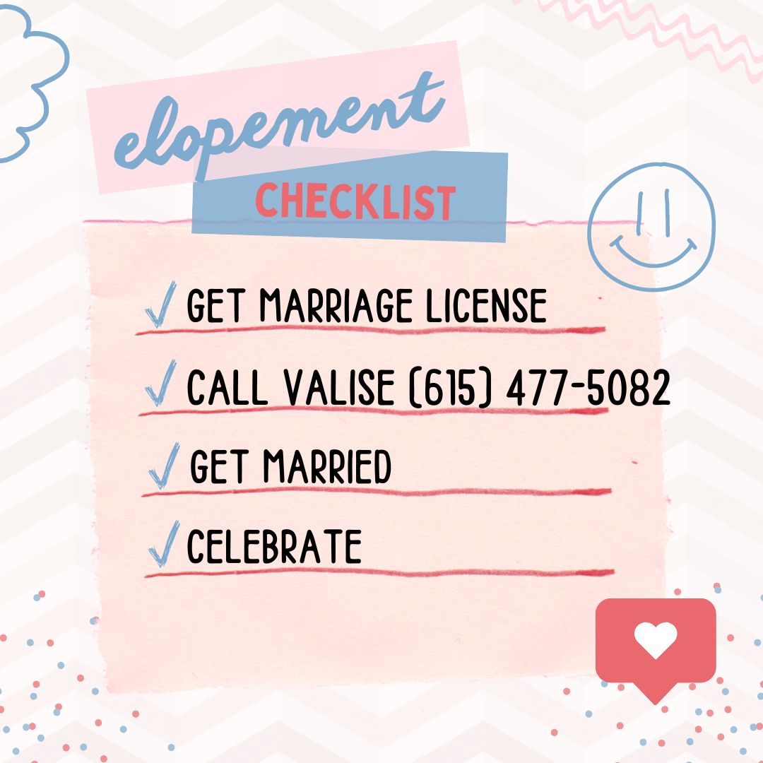 Do you want to get married and keep it simple? Well, here is your elopement checklist.
#elopementwedding #elopement #elopementlove #elope #elopmentphotographer #weddingday #weddingchecklist #wedding  #weddingofficiant #officiant #nashvilleelopement #Tennessee   #valisejackson