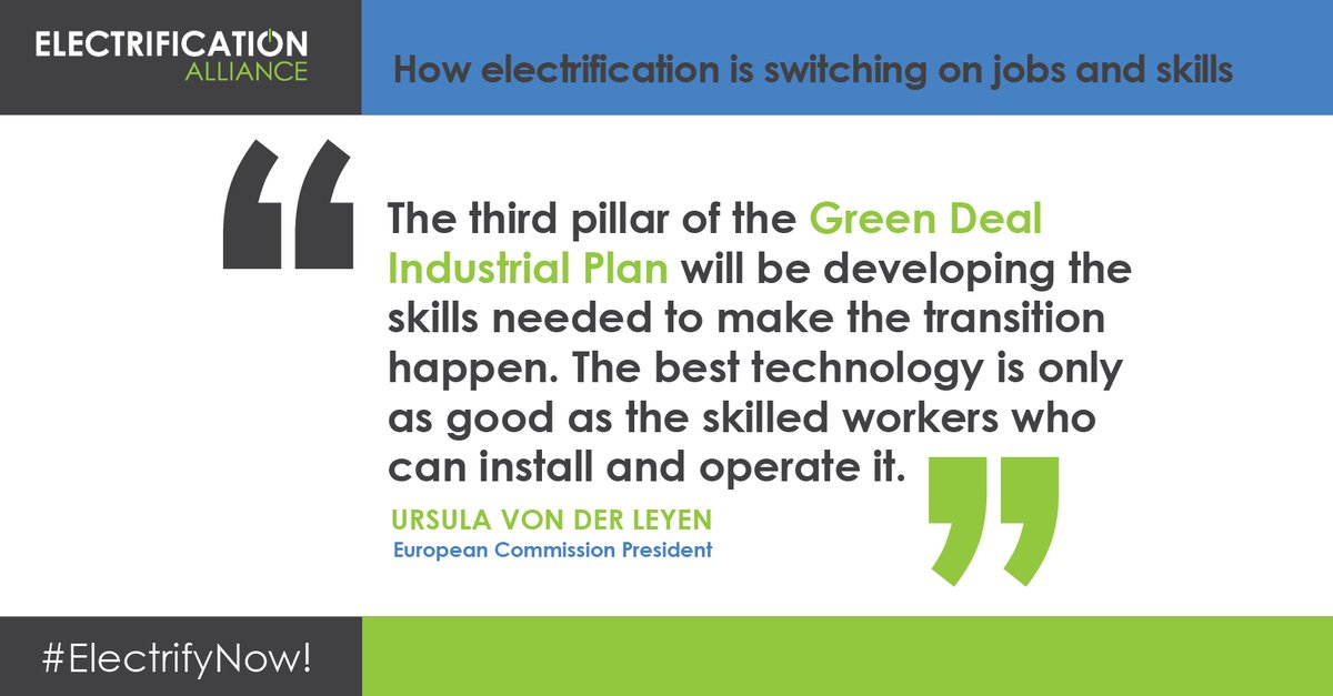 ⚡🇪🇺 #Electrification and the move to a #NetZero economy will create jobs for people with all levels of education and training, and at different stages of their lives and careers.

👷‍♀️👷‍♂️ The best technologies &amp; the #EUGreenDeal stand on the shoulders of skilled workers. #EUSEW2023