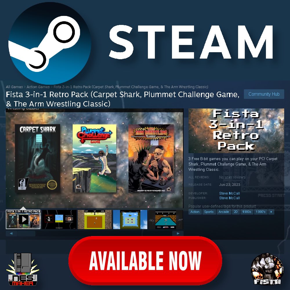 Now available for FREE on Steam! All 3 of my NESMaker games. Carpet Shark, Plummet Challenge Game, and The Arm Wrestling Classic 🦈 💎 💪🏻 

store.steampowered.com/app/2462580/Fi…
-
-
#homebrew #indie #nintendoentertainmentsystem #retrogaming