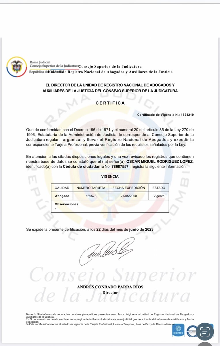 oscarrodrilo's tweet photo. Gracias a Dios, me levantaron la sanción disciplinaria por seis meses para ejercer la profesión del Derecho, luego de que la Magistratura considerara que fui grosero con un secretario de transito. Tremendo regalo en el #DiaDelAbogado! @diegopanzenu⁩ @CristyRinconHart 🙏⚖️💪🇨🇴 https://t.co/8FpqJoWh3s