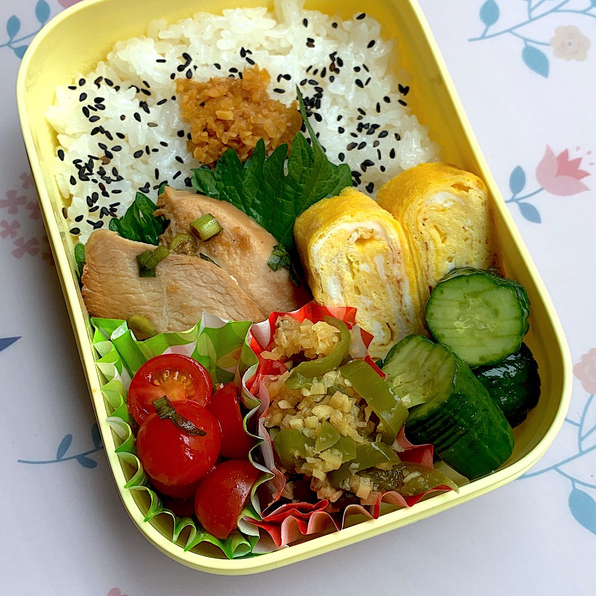 こんばんは(๑╹ω╹๑ ) 今日のお昼のお弁当は「余り物のよだれ鶏弁当」です🍱⁣ ●じゃばら胡瓜 ○卵焼き ●ピーマンの生姜和え ○ ミニトマトの中華和え ようやく金曜日。今週もお疲れ様でした(๑˃̵ᴗ˂̵)自分弁当弁当⁣